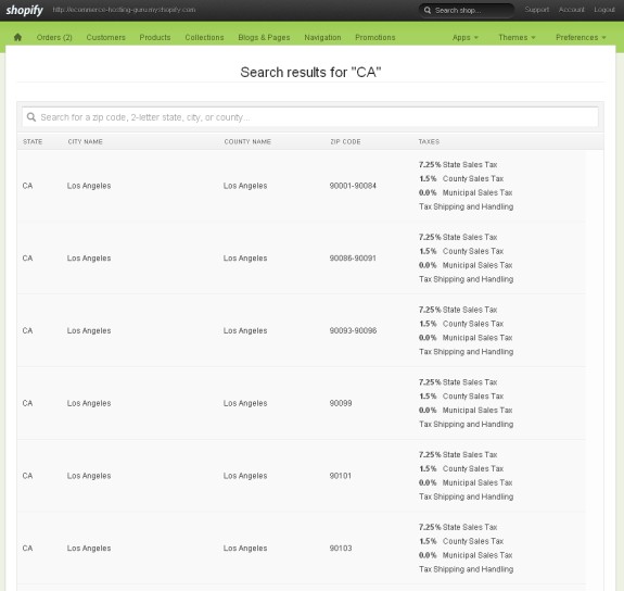 shopify tax list